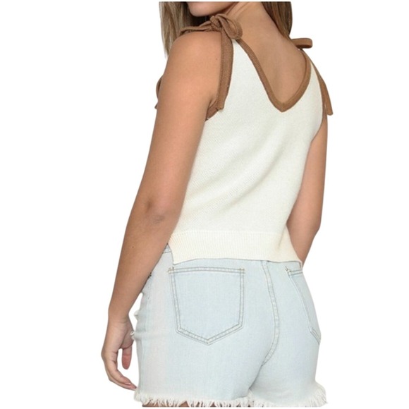 MISS SPARKLING Knit Happy face sweater tankTank Top Tie Shoulder Brown Cream - Picture 6 of 10